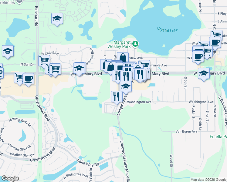 map of restaurants, bars, coffee shops, grocery stores, and more near 252 Wheelhouse Lane in Lake Mary