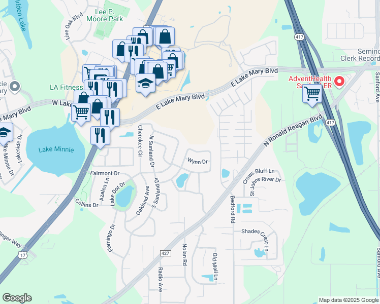 map of restaurants, bars, coffee shops, grocery stores, and more near 715 Baywood Circle in Sanford