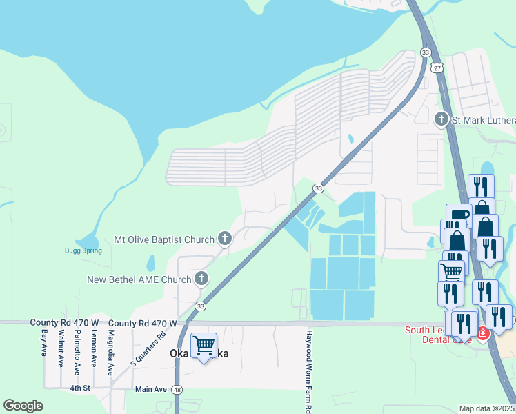 map of restaurants, bars, coffee shops, grocery stores, and more near 3828 Thistlewood Way in Okahumpka