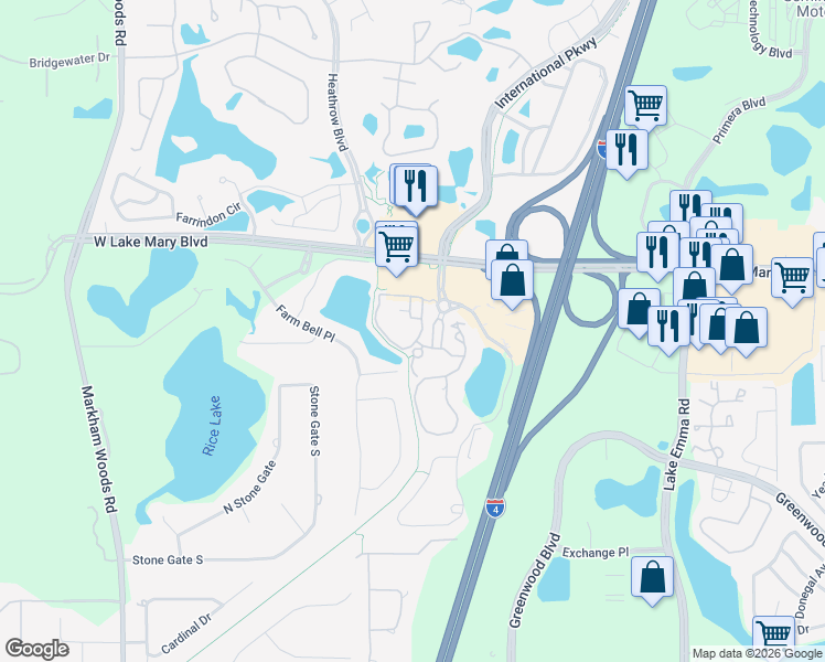 map of restaurants, bars, coffee shops, grocery stores, and more near 1319 Rotonda Point in Lake Mary