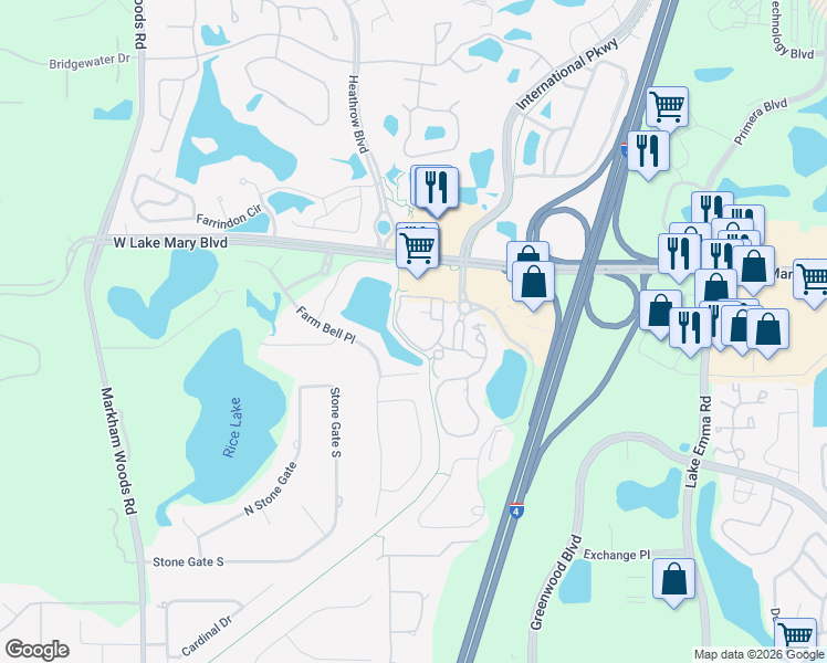 map of restaurants, bars, coffee shops, grocery stores, and more near 122 Vista Verdi Circle in Lake Mary