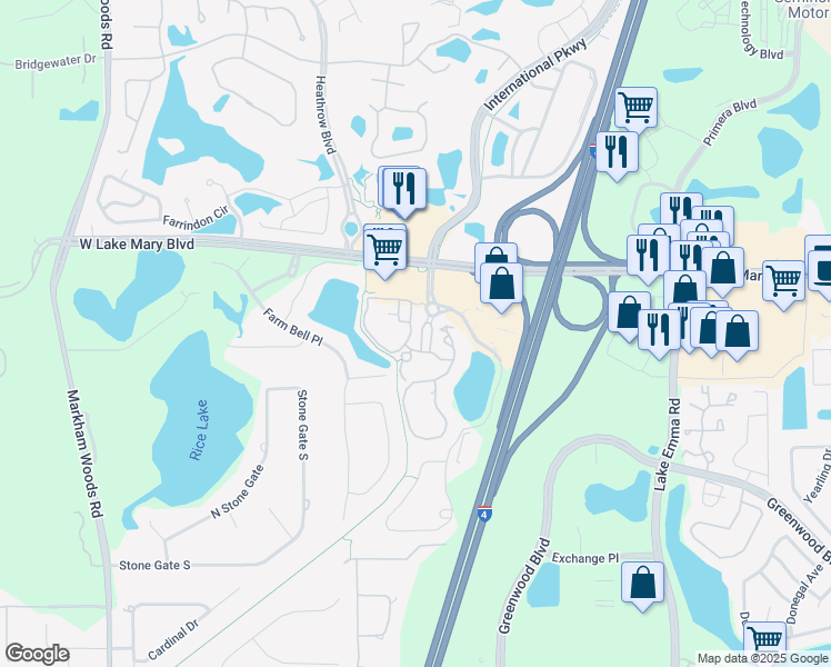 map of restaurants, bars, coffee shops, grocery stores, and more near 107 Vista Verdi Circle in Lake Mary