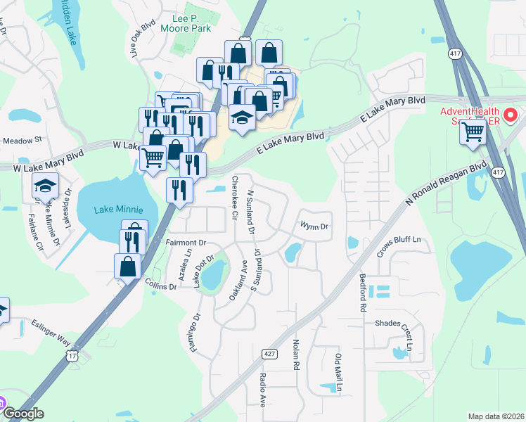 map of restaurants, bars, coffee shops, grocery stores, and more near 107 North Sunland Drive in Sanford