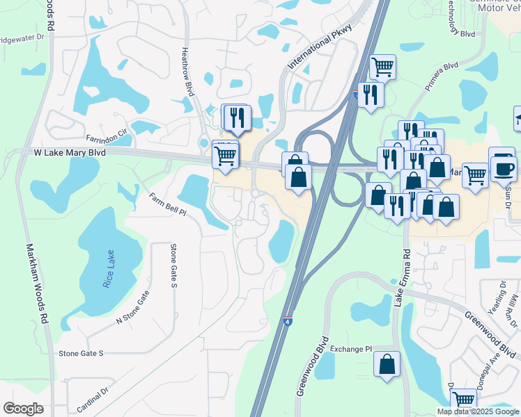 map of restaurants, bars, coffee shops, grocery stores, and more near 150 Villa Di Este Terrace in Lake Mary