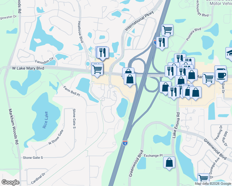map of restaurants, bars, coffee shops, grocery stores, and more near 150 Villa Di Este Terrace in Lake Mary