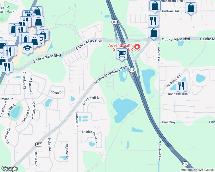 map of restaurants, bars, coffee shops, grocery stores, and more near 3670 Soaring Lane in Sanford