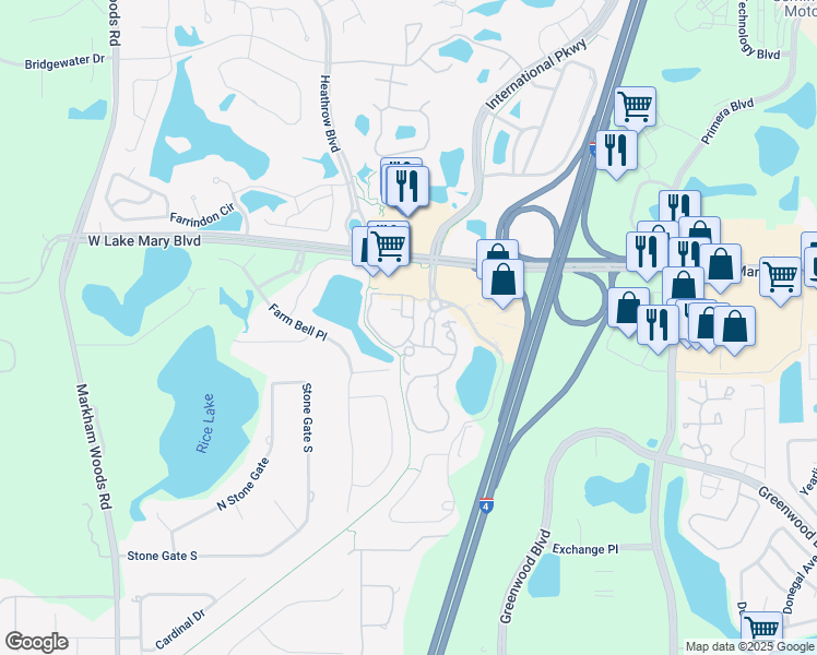 map of restaurants, bars, coffee shops, grocery stores, and more near 1311 Villa Prima Way in Lake Mary