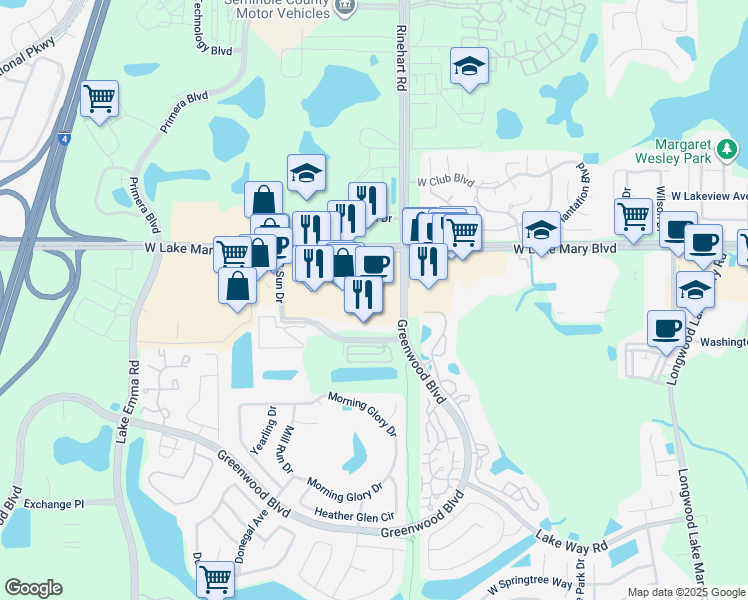map of restaurants, bars, coffee shops, grocery stores, and more near 4155 West Lake Mary Boulevard in Lake Mary