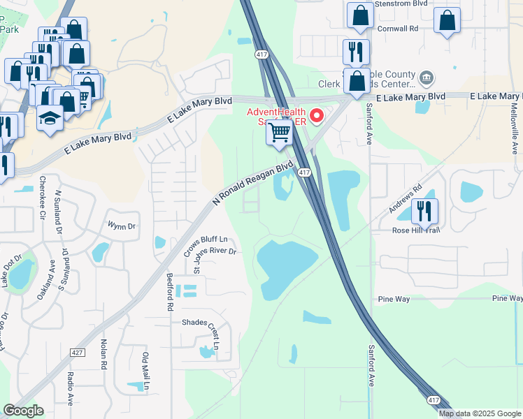 map of restaurants, bars, coffee shops, grocery stores, and more near 565 Lake Eagle Lane in Sanford