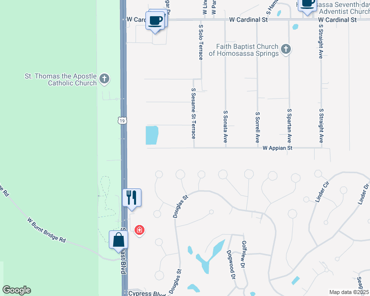 map of restaurants, bars, coffee shops, grocery stores, and more near 6895 West Appian Street in Homosassa