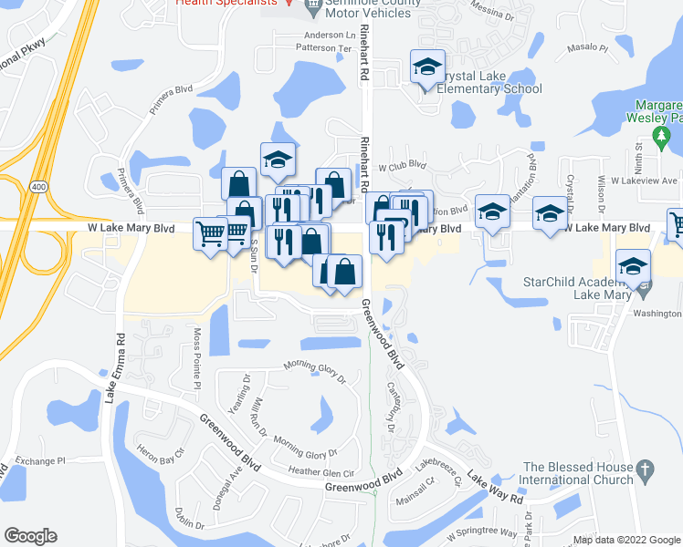 map of restaurants, bars, coffee shops, grocery stores, and more near 4155 West Lake Mary Boulevard in Lake Mary