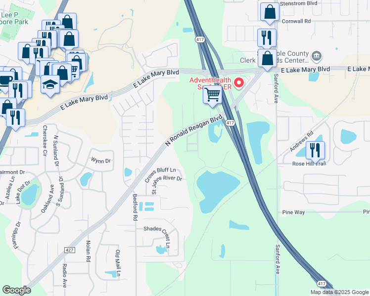 map of restaurants, bars, coffee shops, grocery stores, and more near 408 Habitat Way in Sanford