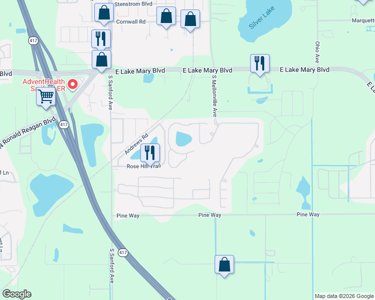 map of restaurants, bars, coffee shops, grocery stores, and more near 3321 Pine Oak Trail in Sanford