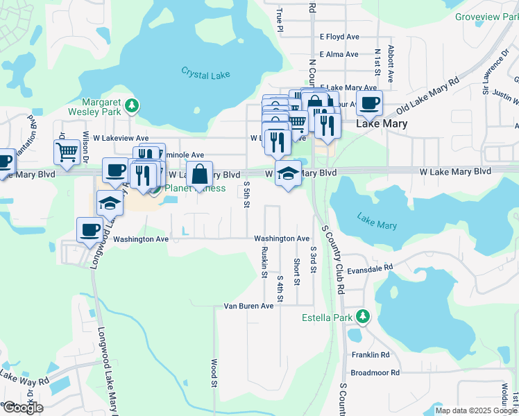 map of restaurants, bars, coffee shops, grocery stores, and more near 2605 West Lake Mary Boulevard in Lake Mary
