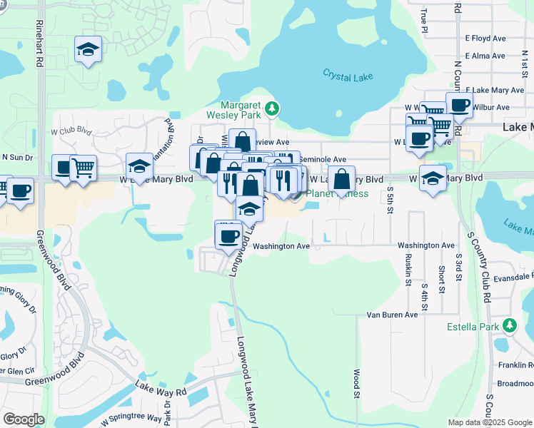 map of restaurants, bars, coffee shops, grocery stores, and more near 3005 West Lake Mary Boulevard in Lake Mary