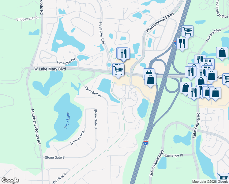 map of restaurants, bars, coffee shops, grocery stores, and more near 126 Vista Verdi Circle in Lake Mary