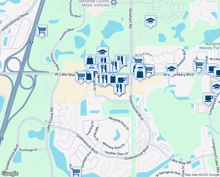 map of restaurants, bars, coffee shops, grocery stores, and more near 4309 West Lake Mary Boulevard in Lake Mary