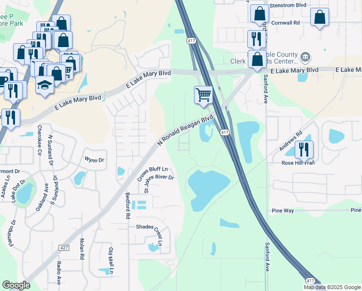 map of restaurants, bars, coffee shops, grocery stores, and more near 514 Lake Eagle Lane in Sanford