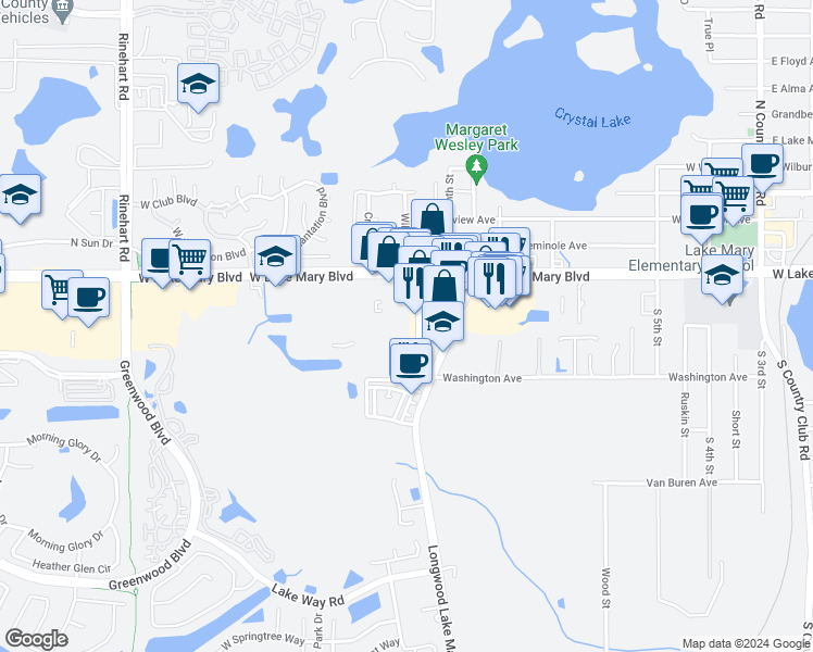 map of restaurants, bars, coffee shops, grocery stores, and more near 242 Wheelhouse Lane in Lake Mary