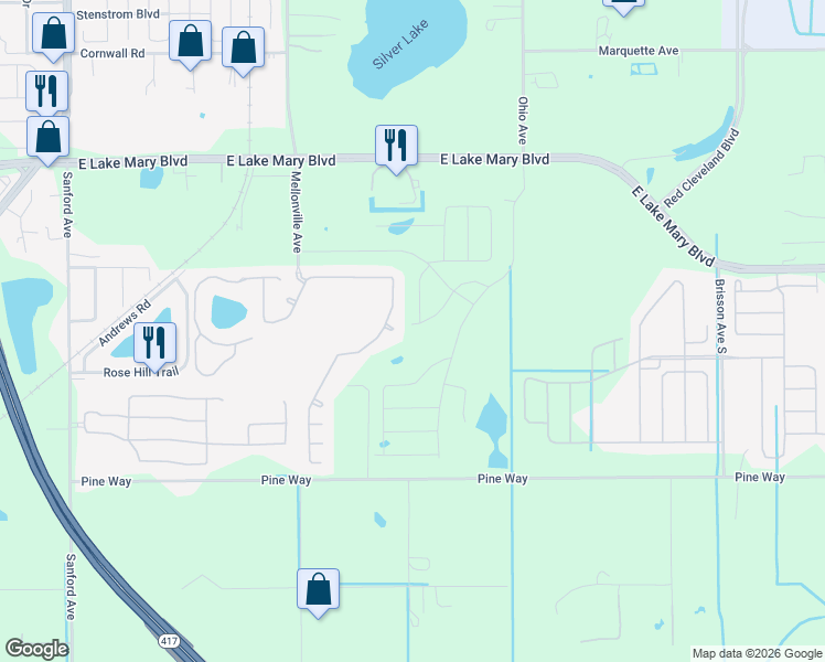 map of restaurants, bars, coffee shops, grocery stores, and more near 300 Park National Drive in Sanford