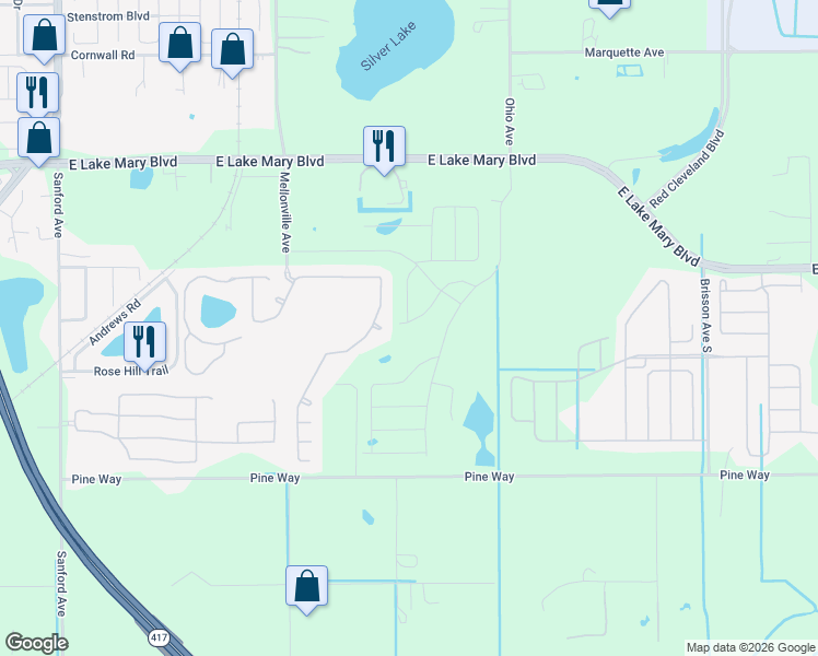 map of restaurants, bars, coffee shops, grocery stores, and more near 300 Park National Drive in Sanford