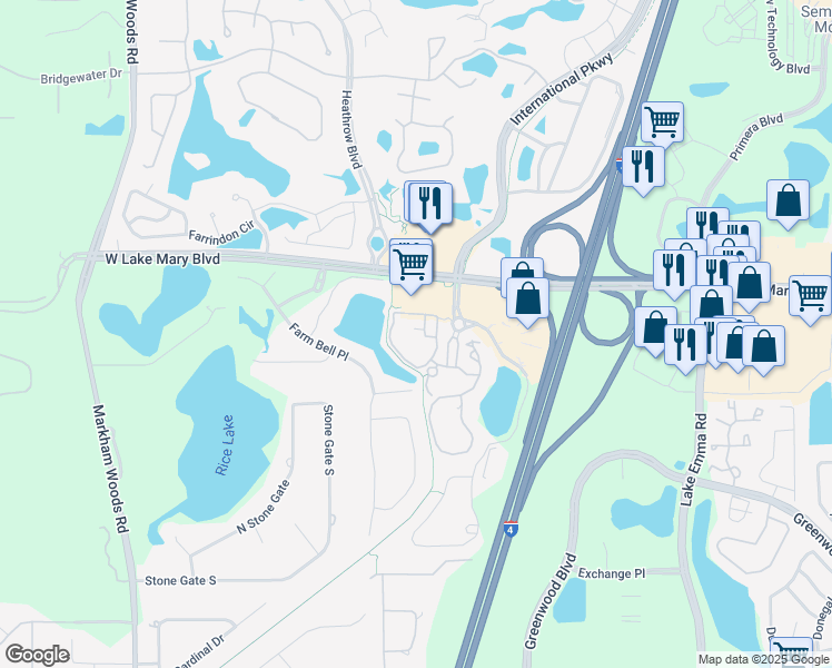 map of restaurants, bars, coffee shops, grocery stores, and more near 1341 Arbor Vista Loop in Lake Mary