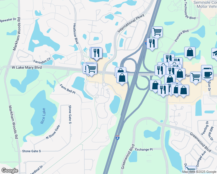 map of restaurants, bars, coffee shops, grocery stores, and more near 1201 South International Parkway in Lake Mary