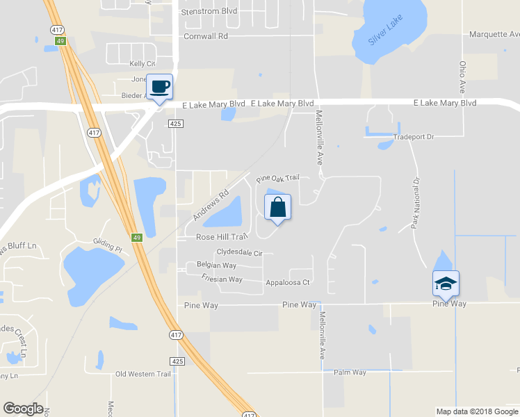 map of restaurants, bars, coffee shops, grocery stores, and more near 2811 Pine Oak Trail in Sanford