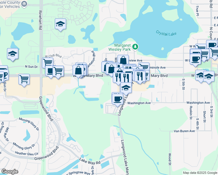 map of restaurants, bars, coffee shops, grocery stores, and more near 165 Middle Street in Lake Mary