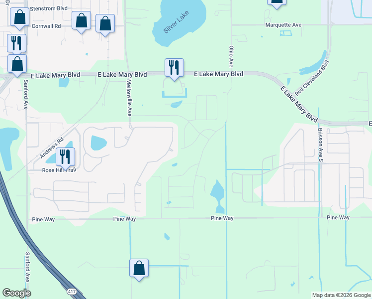 map of restaurants, bars, coffee shops, grocery stores, and more near 300 Park National Drive in Sanford