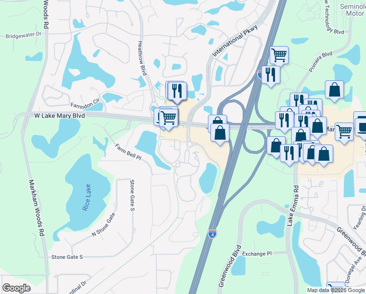 map of restaurants, bars, coffee shops, grocery stores, and more near 102 Vista Verdi Circle in Lake Mary