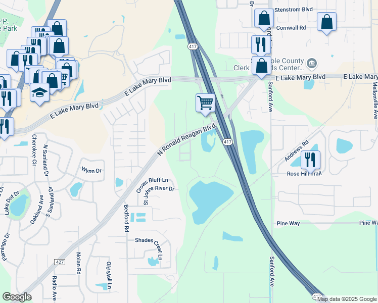 map of restaurants, bars, coffee shops, grocery stores, and more near 3640 Speckled Way in Sanford