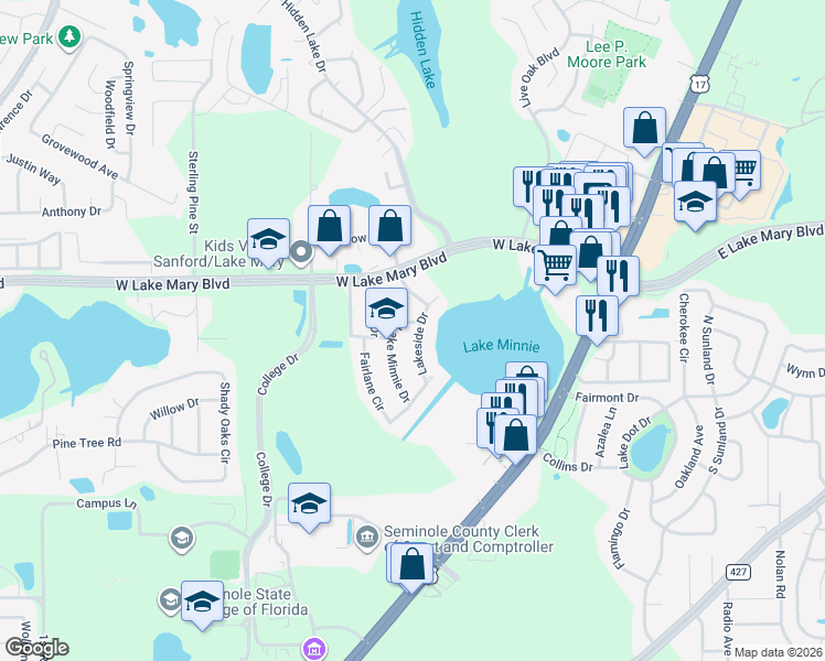 map of restaurants, bars, coffee shops, grocery stores, and more near 105 Lake Minnie Drive in Sanford