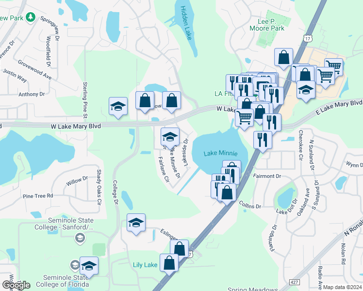 map of restaurants, bars, coffee shops, grocery stores, and more near 166 Lakeside Drive in Sanford