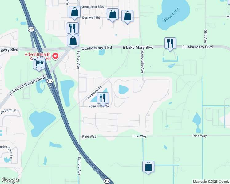 map of restaurants, bars, coffee shops, grocery stores, and more near 2711 Pine Oak Trail in Sanford