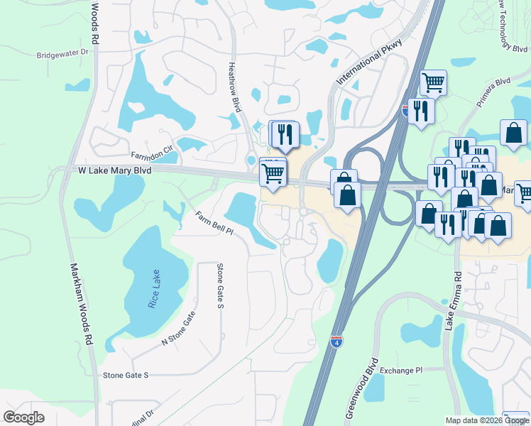 map of restaurants, bars, coffee shops, grocery stores, and more near 126 Vista Verdi Circle in Lake Mary