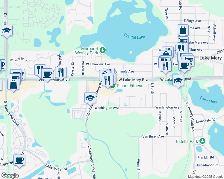 map of restaurants, bars, coffee shops, grocery stores, and more near 3005 West Lake Mary Boulevard in Lake Mary