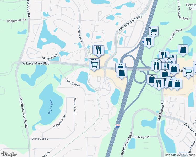 map of restaurants, bars, coffee shops, grocery stores, and more near 102 Vista Verdi Circle in Lake Mary