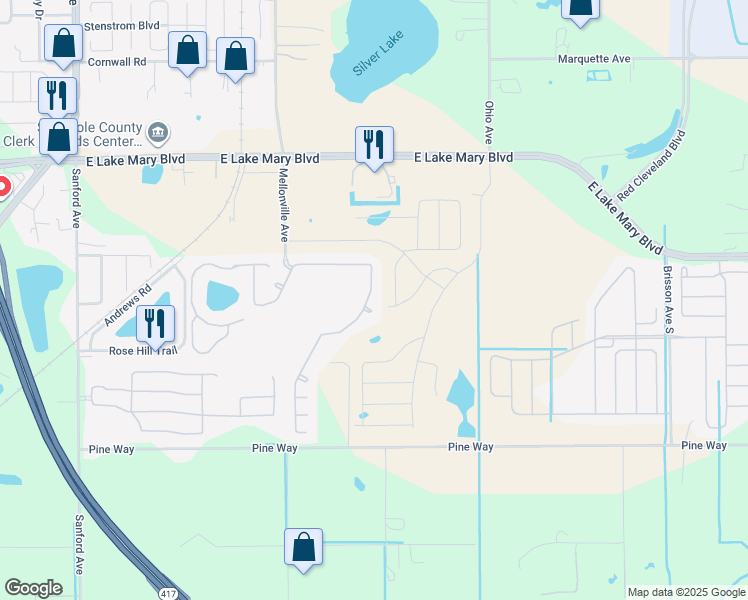 map of restaurants, bars, coffee shops, grocery stores, and more near 202 Magnolia Park Trail in Sanford