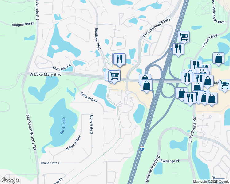 map of restaurants, bars, coffee shops, grocery stores, and more near 132 Vista Verdi Circle in Lake Mary
