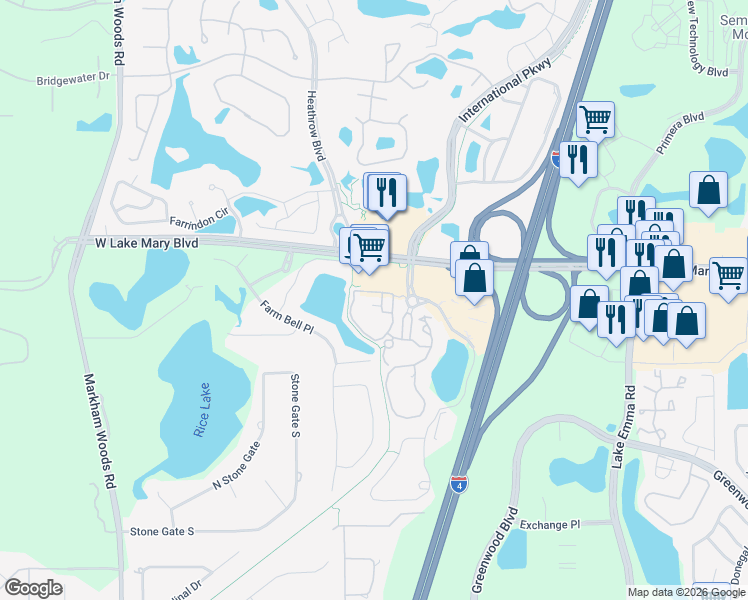 map of restaurants, bars, coffee shops, grocery stores, and more near 102 Vista Verdi Circle in Lake Mary