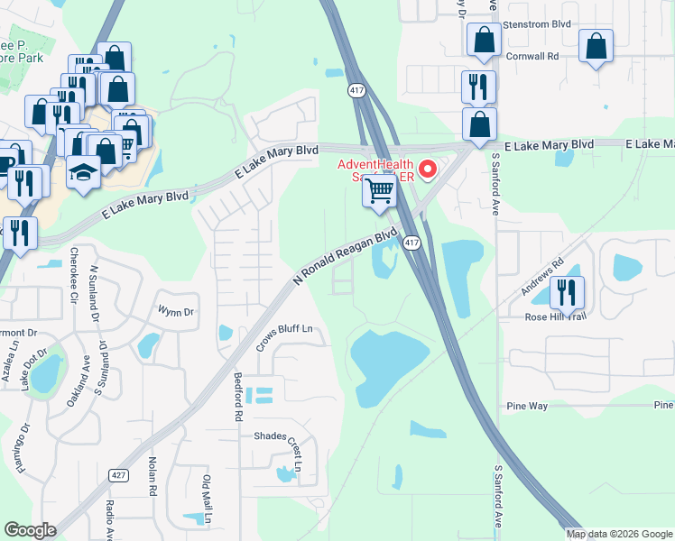 map of restaurants, bars, coffee shops, grocery stores, and more near 514 Lake Eagle Lane in Sanford