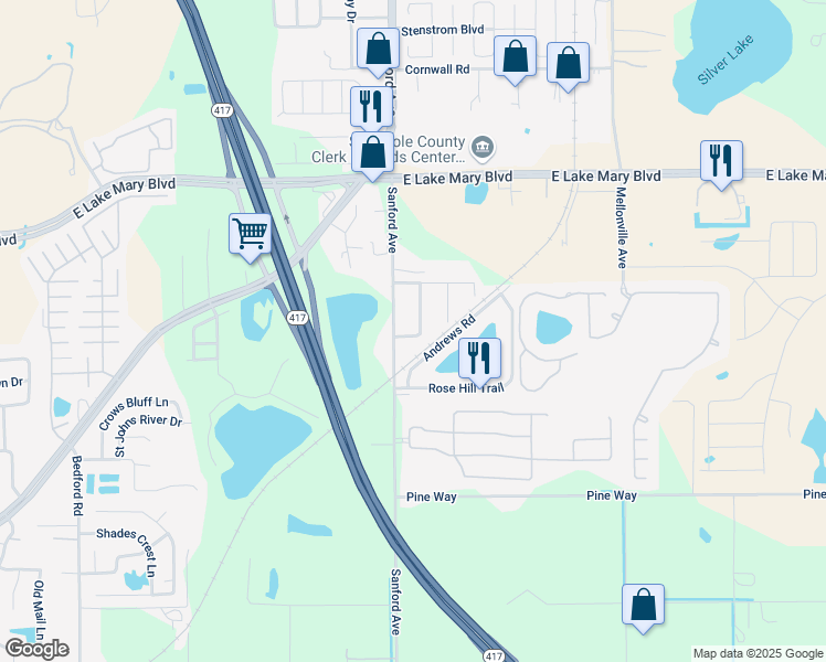 map of restaurants, bars, coffee shops, grocery stores, and more near 3814 Cypress Avenue in Sanford