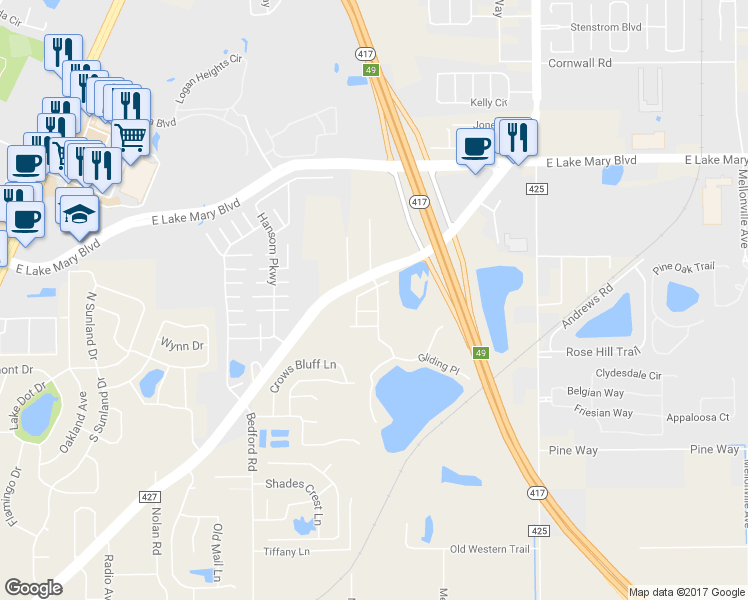 map of restaurants, bars, coffee shops, grocery stores, and more near 514 Lake Eagle Lane in Sanford