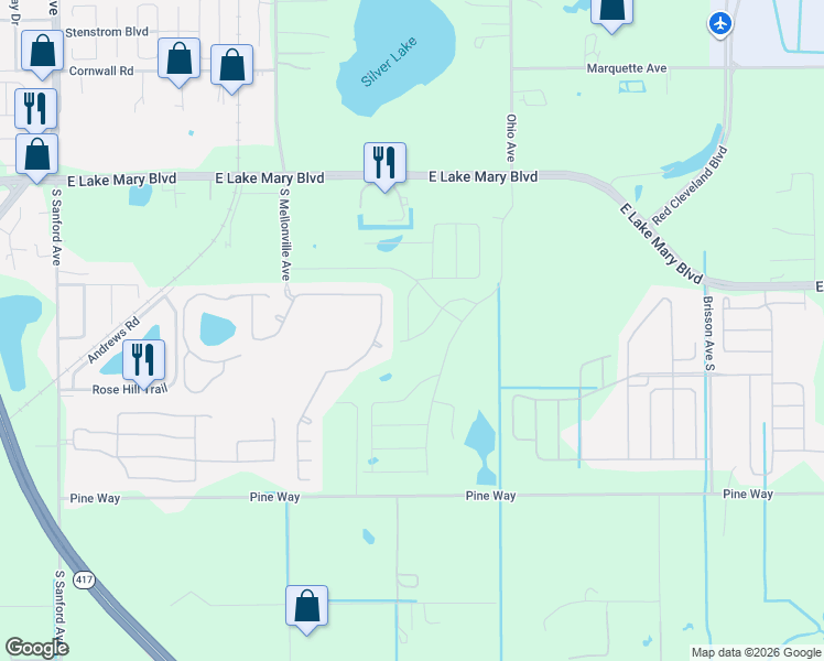 map of restaurants, bars, coffee shops, grocery stores, and more near 300 Park National Drive in Sanford