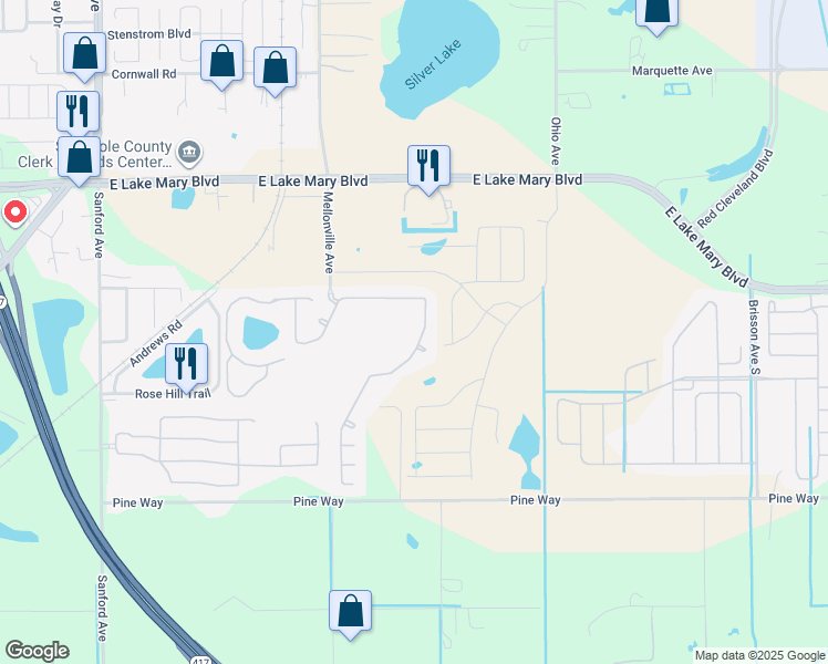 map of restaurants, bars, coffee shops, grocery stores, and more near 202 Magnolia Park Trail in Sanford