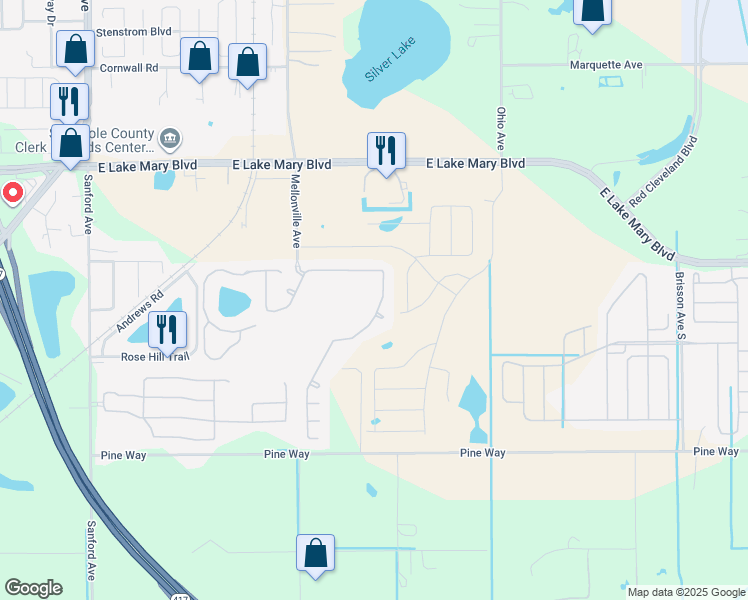map of restaurants, bars, coffee shops, grocery stores, and more near 202 Magnolia Park Trail in Sanford