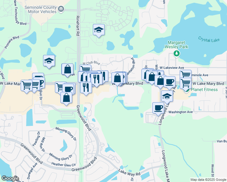 map of restaurants, bars, coffee shops, grocery stores, and more near 3655 West Lake Mary Boulevard in Lake Mary