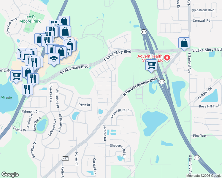 map of restaurants, bars, coffee shops, grocery stores, and more near 114 Exeter Court in Sanford