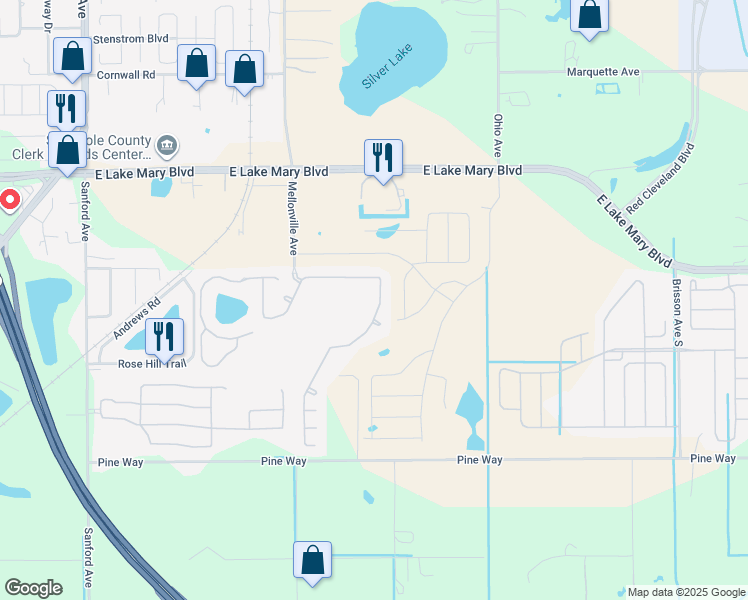 map of restaurants, bars, coffee shops, grocery stores, and more near 197 Magnolia Park Trail in Sanford